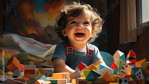 uśmiechnięte dziecko w śród zabawek i klocków do zabawy
