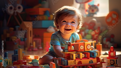 uśmiechnięte dziecko w śród zabawek i klocków do zabawy w przedszkolu