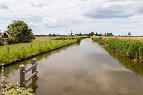 Dutch polder landscape with a mill in the background.