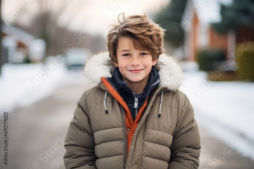 Portrait of a smiling little boy outside during winter