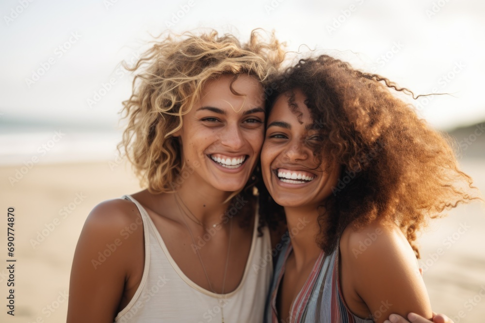 Portrait of a happy lesbian couple on the beach Portrait of a happy lesbian couple on the beach
