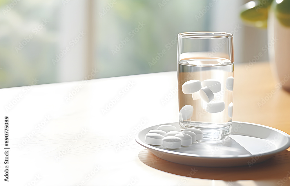 water glass and pills on white wooden table soft light water glass and pills on white wooden table soft light