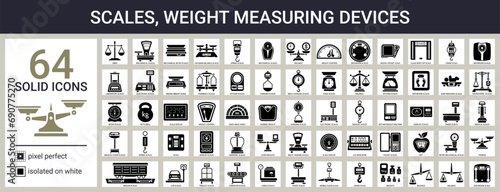 Weight measuring devices icon set in solid style photo
