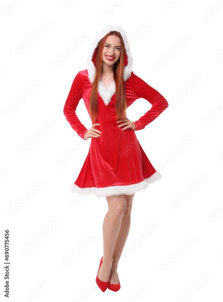Young woman in red dress on white background. Christmas celebration Young woman in red dress on white background. Christmas celebration
