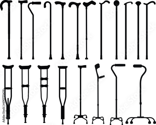 Walking sticks and crutches silhouettes set isolated on a white background