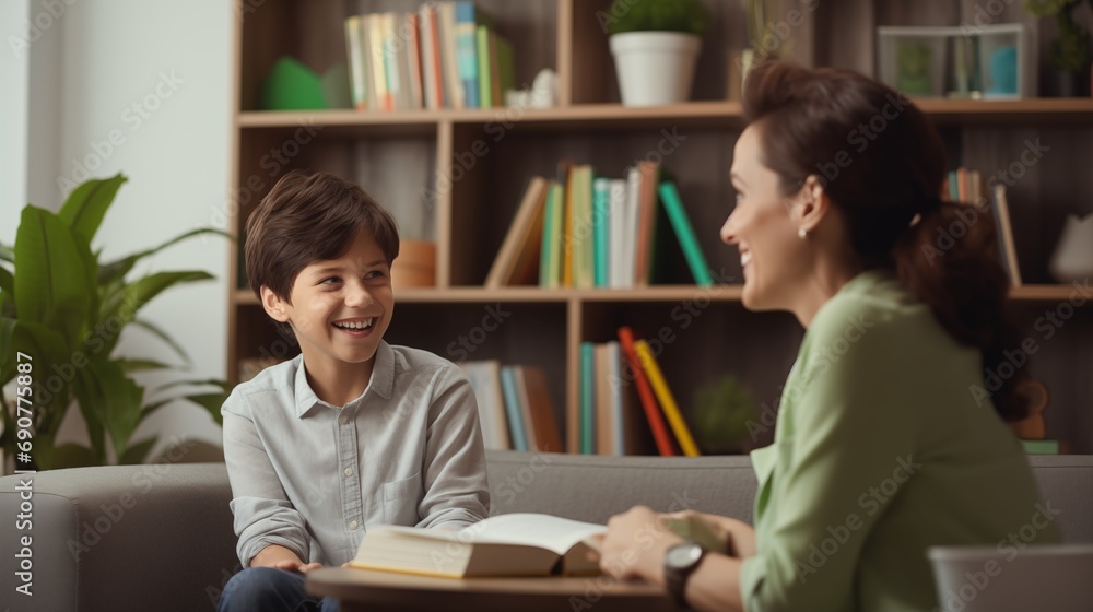 A Woman and a Boy Sitting Together on a Couch A Woman and a Boy Sitting Together on a Couch