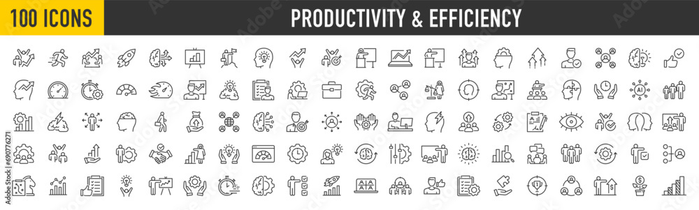 Productivity and Efficiency web icons in line style. Performance, business planning, success, goal, process, collection. Vector illustration. - obrazy, fototapety, plakaty 
