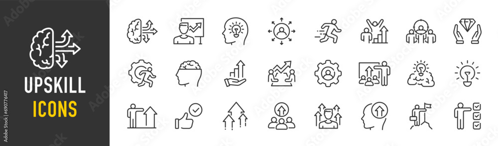 Upskill web icons in line style. Reskill, progress, strategy, skill, collection. Vector illustration.