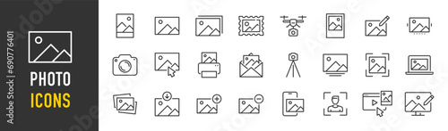Photo web icons in line style. Photography, camera, print, photo card, collection. Vector illustration.