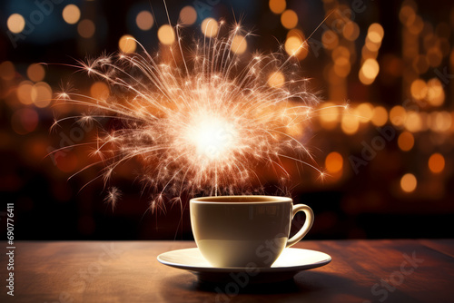 Close up photo of a cup of coffee at New Year's Fireworks