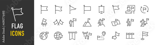 Flag web icons in line style. Winner, location, pin, collection. Vector illustration.