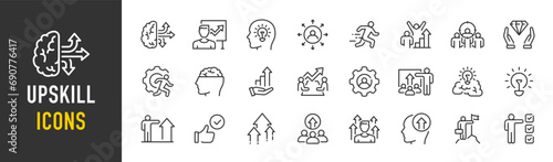 Upskill web icons in line style. Reskill, progress, strategy, skill, collection. Vector illustration.