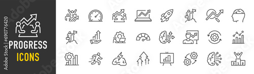 Progress web icons in line style. Brainstorming, creativity, skill, strategy, startup, management, collection. Vector illustration.