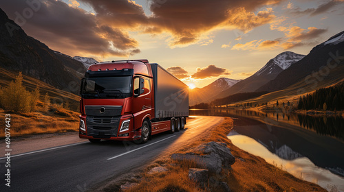 A Trucks Run On Highway At Golden Hour of Sunset on Blurry Background