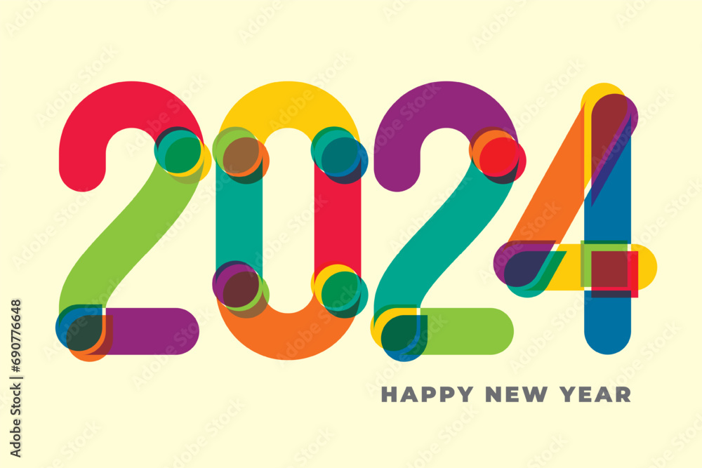 Obraz premium 2024 Elements Shift Style Concept with Composite Numerals and Happy New Year Logo Lettering - Rainbow Colours Elements on Pale Yellow Background - Mixed Graphic Design