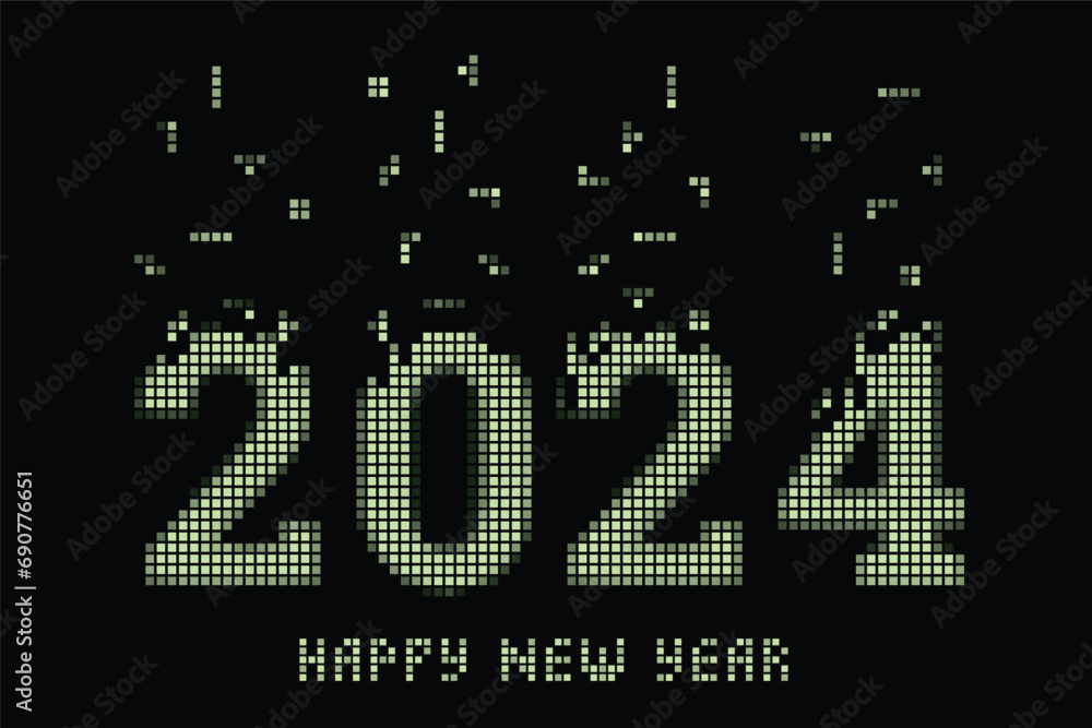2024 Original Tetris Style New Year Concept with Dropping Elements and Pixelized Numerals Logo and Lettering - Green on Black Background - Mixed Graphic Design