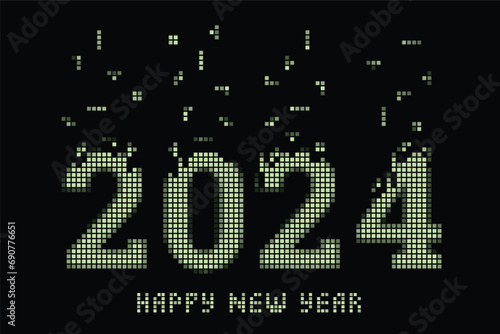 2024 Original Tetris Style New Year Concept with Dropping Elements and Pixelized Numerals Logo and Lettering - Green on Black Background - Mixed Graphic Design