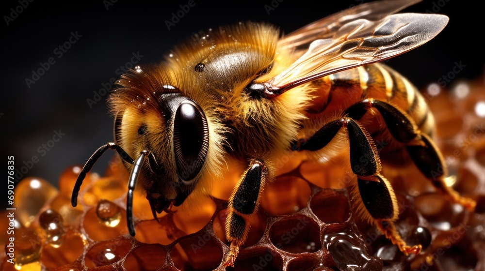 Honey bee on liquid hexagonal UHD wallpaper - obrazy, fototapety, plakaty 