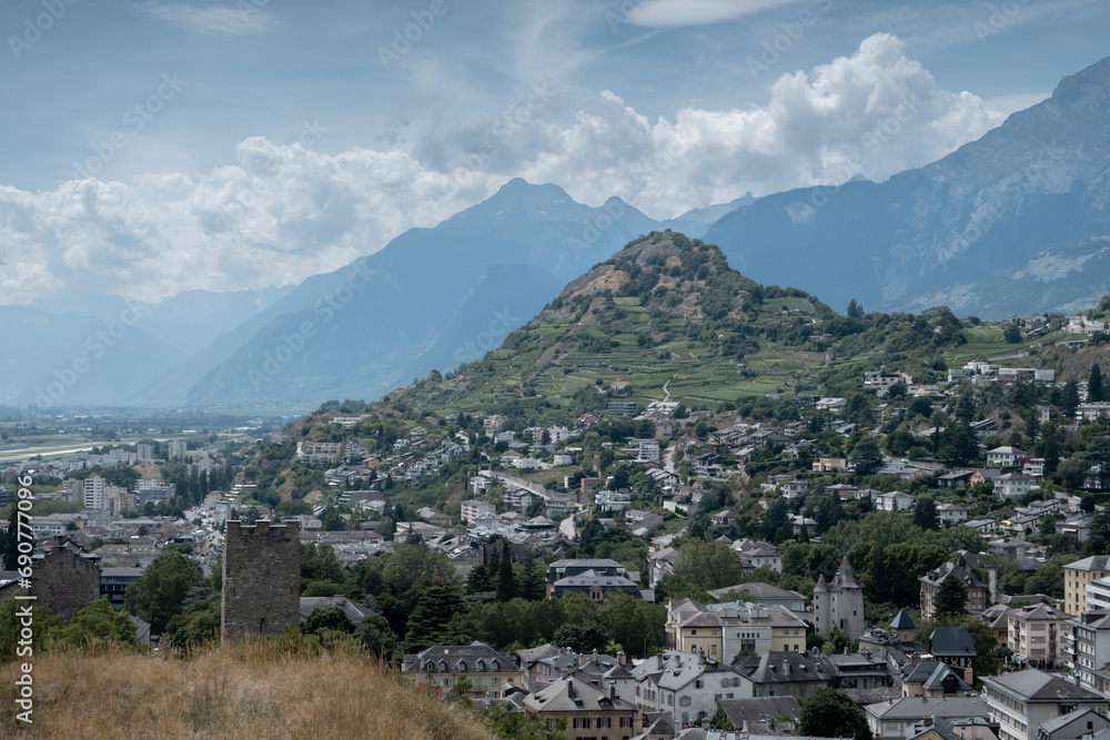 Viewpoint on the city of Sion offering a wonderful sight during summer