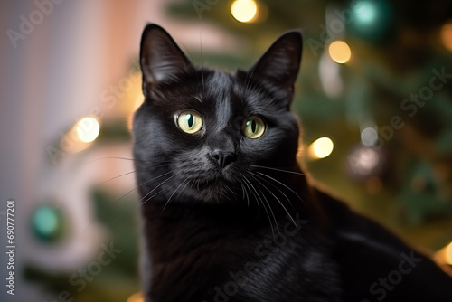 Whiskers and Wonders: Cat's Holiday Portrait by the Christmas Tree
