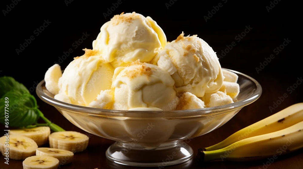 Scoops of banana-flavored ice cream, cold dessert with fruit