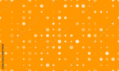 Seamless background pattern of evenly spaced white basketball symbols of different sizes and opacity. Vector illustration on orange background with stars