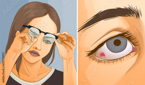 A young woman is rubbing her eyes. Corneal irritation. Healthcare illustration. Vector illustration.