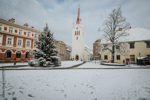 Historic Winter City with Tower and Religious Building