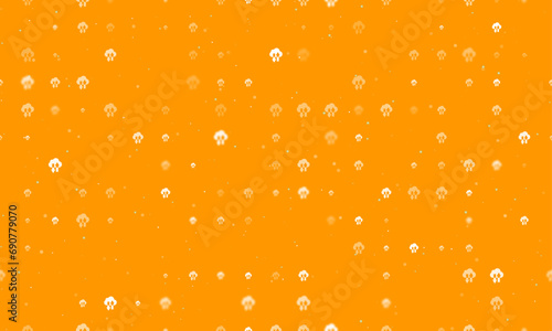 Seamless background pattern of evenly spaced white cloud technology symbols of different sizes and opacity. Vector illustration on orange background with stars