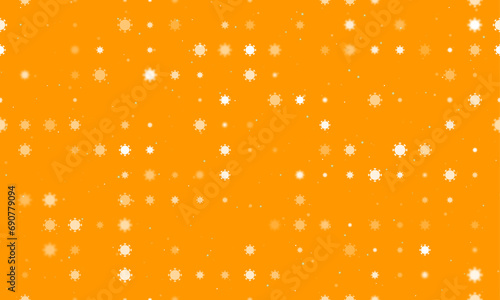 Seamless background pattern of evenly spaced white coronavirus symbols of different sizes and opacity. Vector illustration on orange background with stars