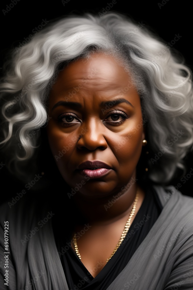 Studio cinematography portrait of a black and gray-haired woman on a black background