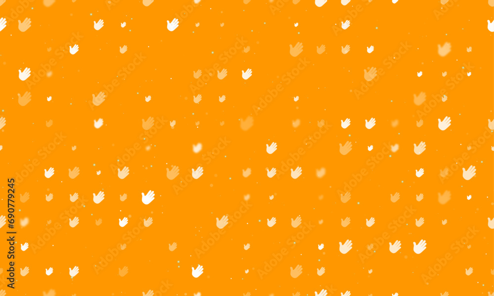 Seamless background pattern of evenly spaced white hands of different sizes and opacity. Vector illustration on orange background with stars Seamless background pattern of evenly spaced white hands of different sizes and opacity. Vector illustration on orange background with stars