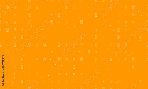 Seamless background pattern of evenly spaced white glass symbols of different sizes and opacity. Vector illustration on orange background with stars