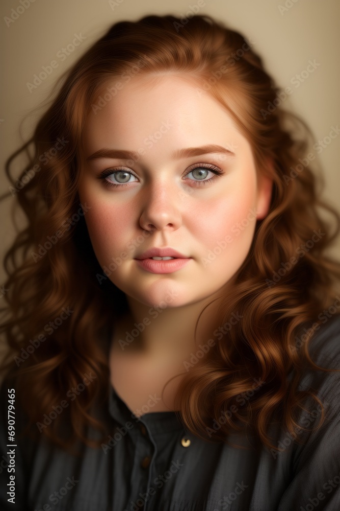 Studio portrait of a well-fed girl in a black shirt on a beige background Studio portrait of a well-fed girl in a black shirt on a beige background