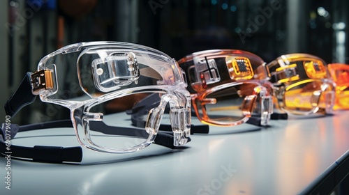 Against a backdrop of safety protocols, an array of intricate safety glasses is presented, each emphasizing clarity and ergonomic design