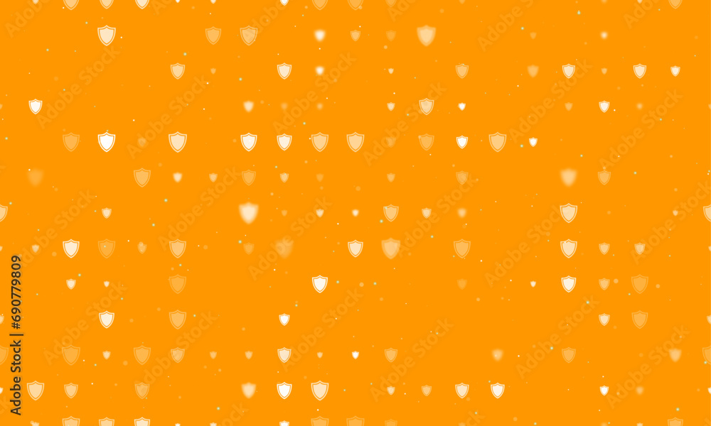 Seamless background pattern of evenly spaced white shield symbols of different sizes and opacity. Vector illustration on orange background with stars