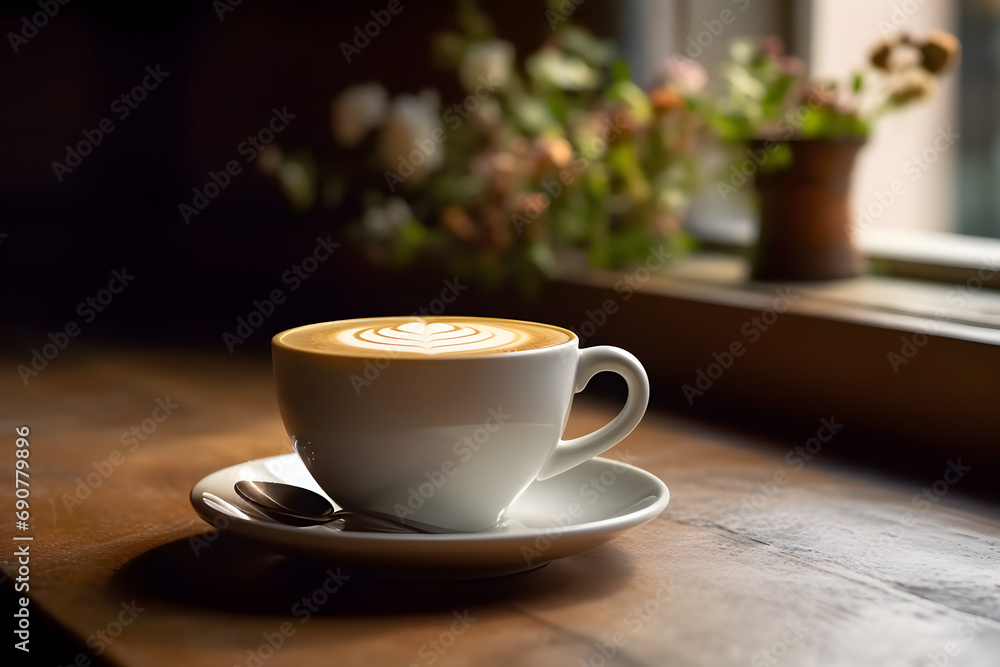 cup of coffee on wooden table. cup of coffee on wooden table.