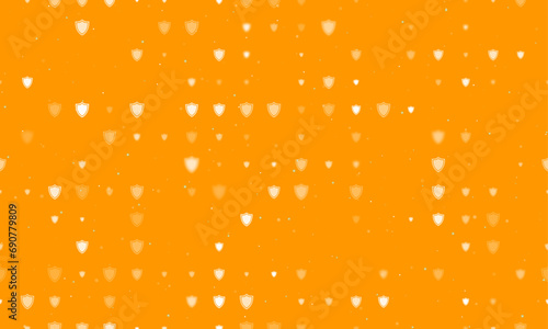 Seamless background pattern of evenly spaced white shield symbols of different sizes and opacity. Vector illustration on orange background with stars