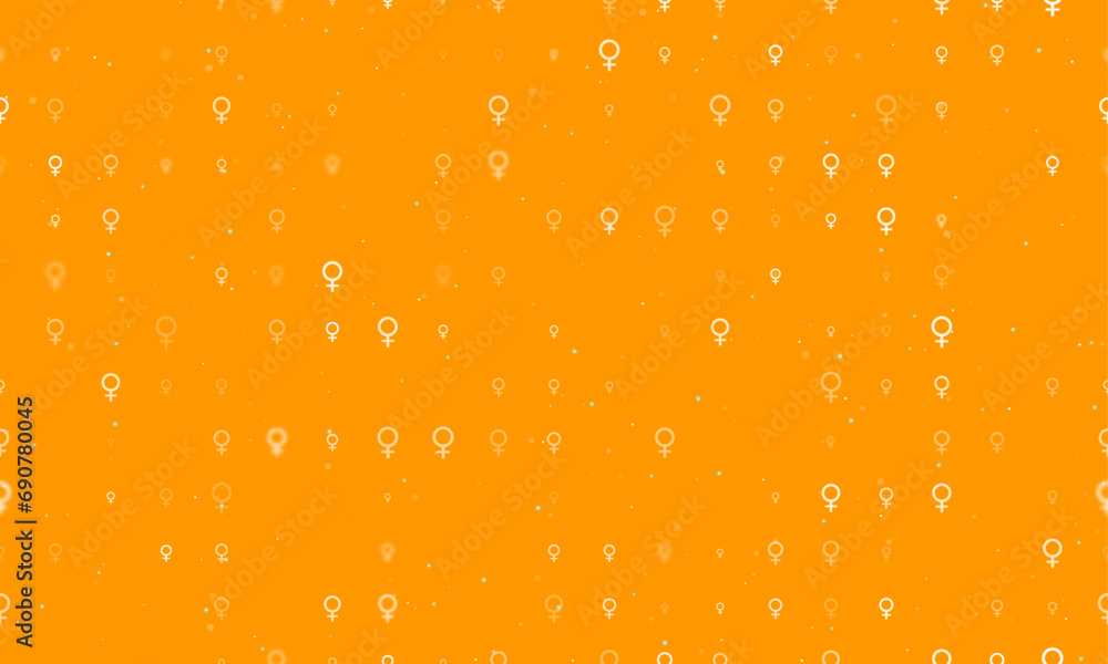 Seamless background pattern of evenly spaced white venus symbols of different sizes and opacity. Vector illustration on orange background with stars Seamless background pattern of evenly spaced white venus symbols of different sizes and opacity. Vector illustration on orange background with stars