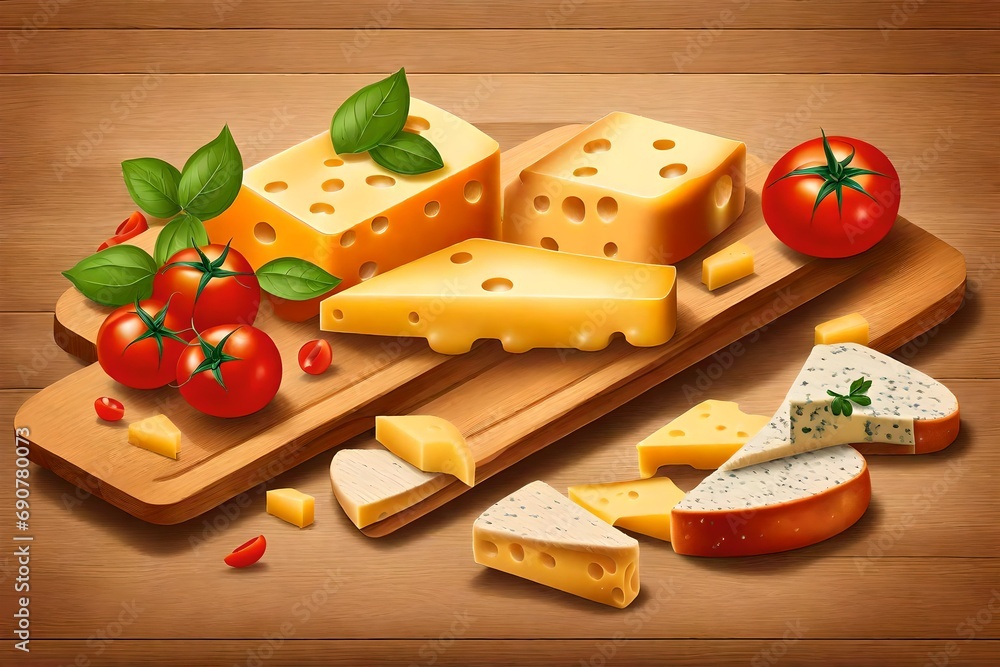 wooden board with loaf and cheese slices decorated with tomatoes wooden board with loaf and cheese slices decorated with tomatoes