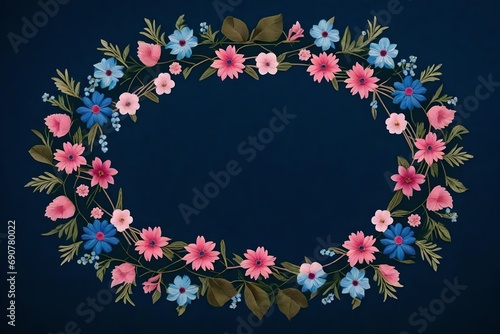 pattern featuring a circle wreath of bouquets with pink and blue flowers set against a dark blue backdrop © Osama