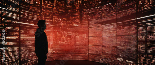 a silhouette of a person standing in front of a giant digital screen with a flow of data showing various cyber threats and vulnerabilities
