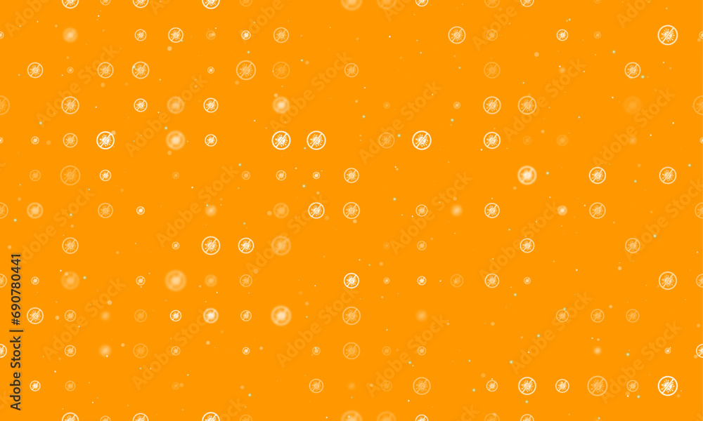 Seamless background pattern of evenly spaced white stop coronavirus symbols of different sizes and opacity. Vector illustration on orange background with stars Seamless background pattern of evenly spaced white stop coronavirus symbols of different sizes and opacity. Vector illustration on orange background with stars