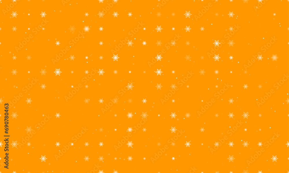 Seamless background pattern of evenly spaced white snowflakes of different sizes and opacity. Vector illustration on orange background with stars Seamless background pattern of evenly spaced white snowflakes of different sizes and opacity. Vector illustration on orange background with stars