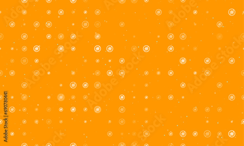 Seamless background pattern of evenly spaced white stop coronavirus symbols of different sizes and opacity. Vector illustration on orange background with stars