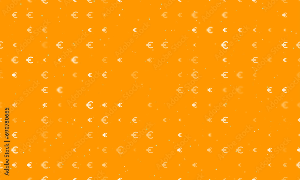 Seamless background pattern of evenly spaced white euro symbols of different sizes and opacity. Vector illustration on orange background with stars Seamless background pattern of evenly spaced white euro symbols of different sizes and opacity. Vector illustration on orange background with stars