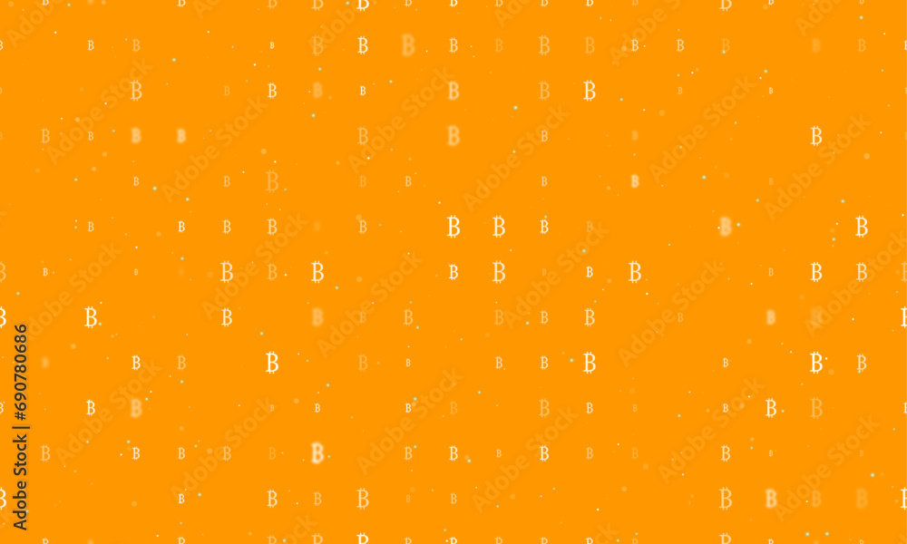 Seamless background pattern of evenly spaced white bitcoin symbols of different sizes and opacity. Vector illustration on orange background with stars
