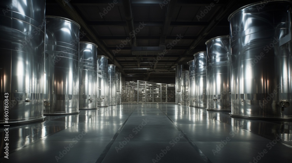 Amidst the metallic expanse of a warehouse, an array of stainless steel containers and tanks gleam under the soft, diffused lighting, hinting at hidden contents