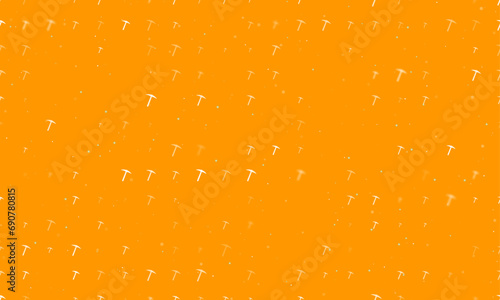 Seamless background pattern of evenly spaced white pickaxe symbols of different sizes and opacity. Vector illustration on orange background with stars