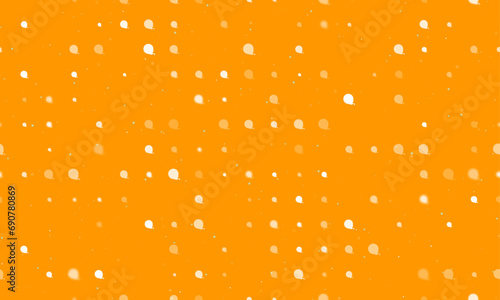 Seamless background pattern of evenly spaced white tape measure symbols of different sizes and opacity. Vector illustration on orange background with stars